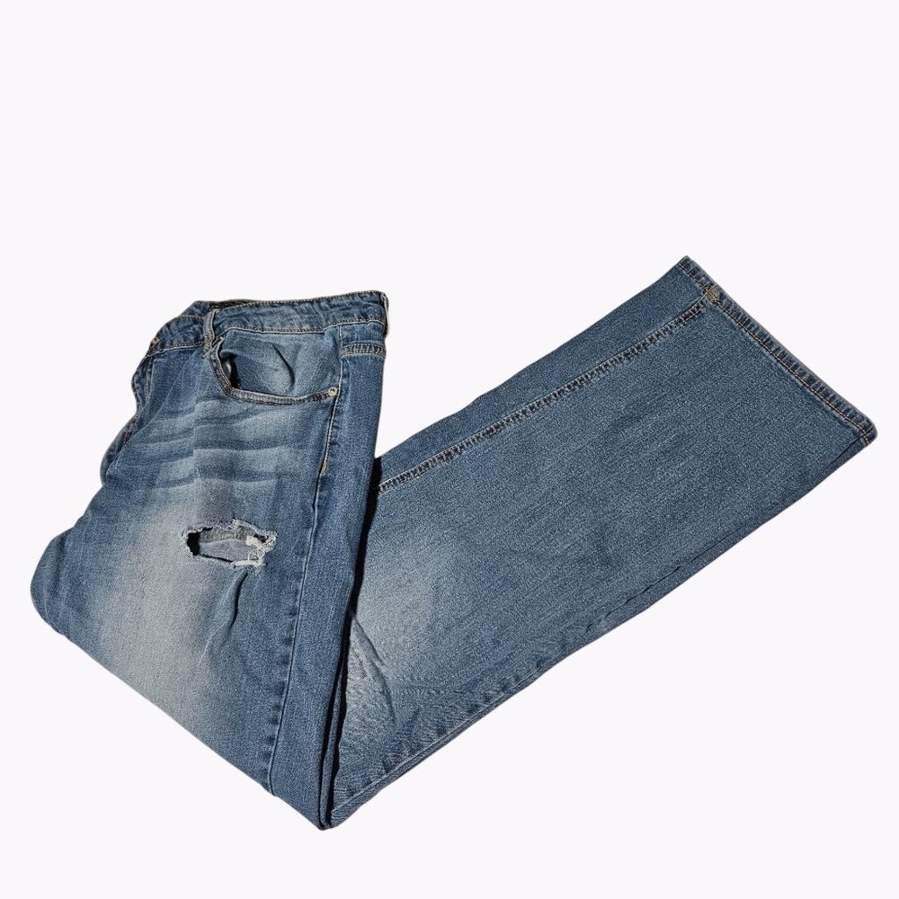 Indigo People Jeans Mens Size 42 X 32 Boot Cut Mid Rise Ripped Denim Pants